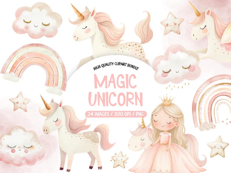 Watercolor Pastel Unicorn Clipart Bundle (PNG) - Etsy