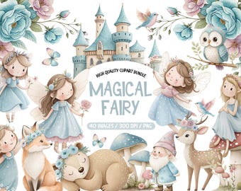 Fairy Garden Clipart, Little Fairy PNG Bundle, Watercolor Blue Fairy Clipart, Cute Pastel Fairies Clipart, Whimsical Sweet Fairyland PNG Set