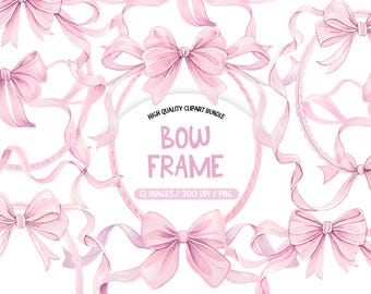 Watercolor Bow Frame Clipart, Pink Coquette Bows (PNG)