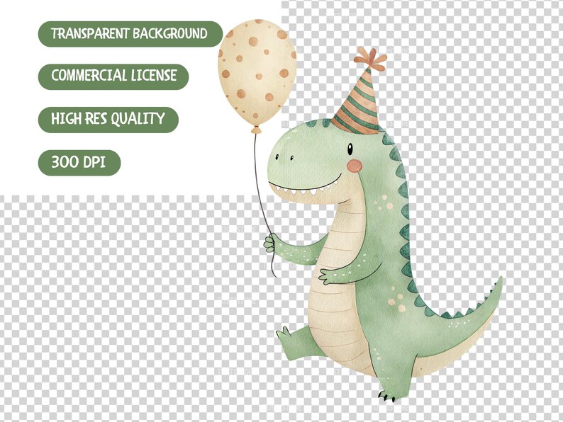 Może przedstawiać: Akwarelowa ilustracja przyjaznego zielonego dinozaura w czapeczce urodzinowej trzymającego beżowy balon z brązowymi kropkami. Dinozaur ma jasno beżowy brzuch i r&oacute;żowe policzki. Obraz zawiera tekst: "Transparent Background", "Commercial License", "High Res Quality" i "300 DPI".