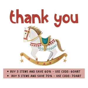 May include: Watercolor illustration of a white rocking horse with a teal saddle and gold accents. The text "thank you" is in red script above the horse. The image is on a white background.