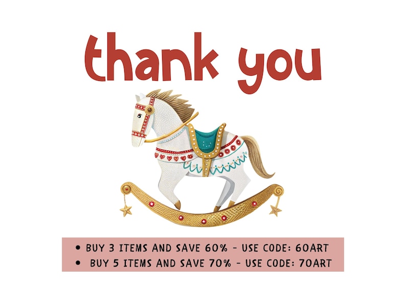 May include: Watercolor illustration of a white rocking horse with a teal saddle and gold accents. The text "thank you" is in red script above the horse. The image is on a white background.