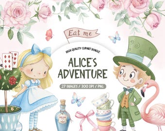 Puede incluir: Conjunto de clipart con temática de Alicia en el País de las Maravillas con una ilustración de acuarela de Alicia, el Sombrerero Loco, un flamenco, una pila de tazas de té, una botella etiquetada como "Bebe Me", una mariposa y un cartel que dice "Come Me".