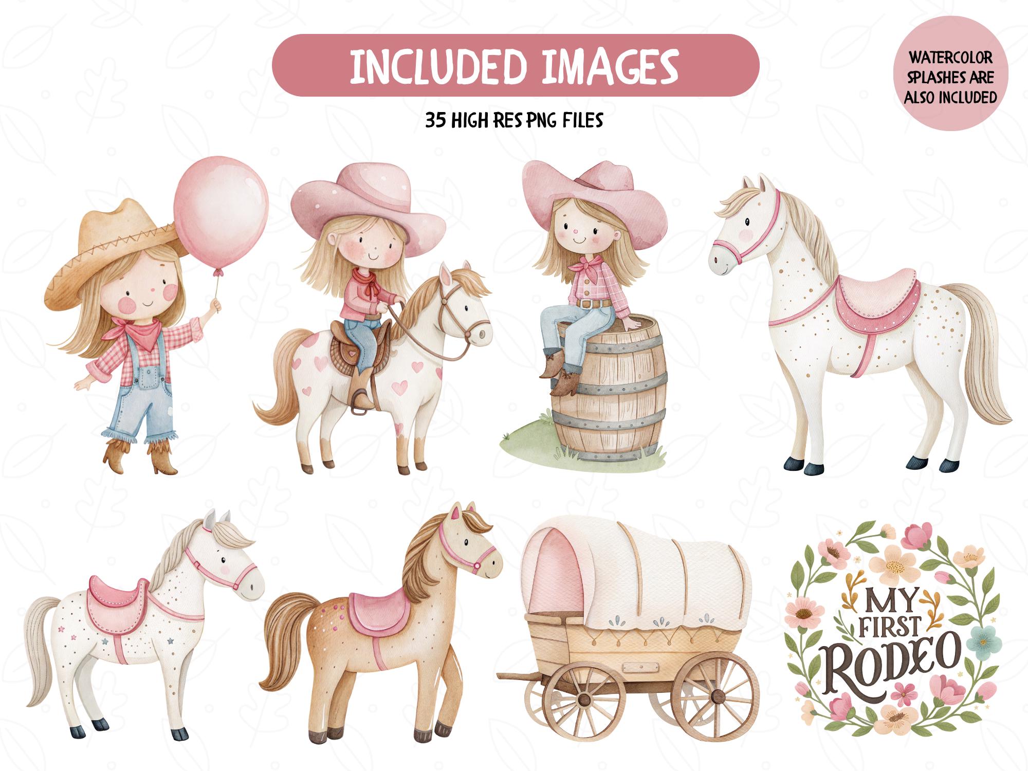 My First Rodeo Clipart, Cowgirl Birthday Clipart, Pink Rodeo Watercolor ...