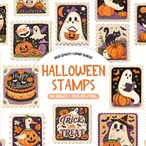 Pu&ograve; includere: Una collezione di francobolli a tema Halloween con illustrazioni di zucche, fantasmi e pipistrelli. I francobolli presentano il testo "Happy Halloween" e "Trick or Treat". I colori sono arancione, viola e nero.