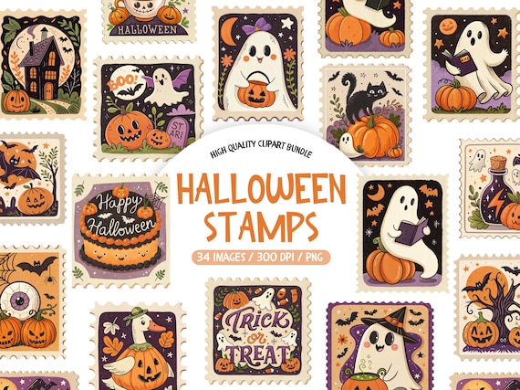Retro Halloween Postage Stamp PNG Pack, Ghost, Pumpkin (Digital Download)