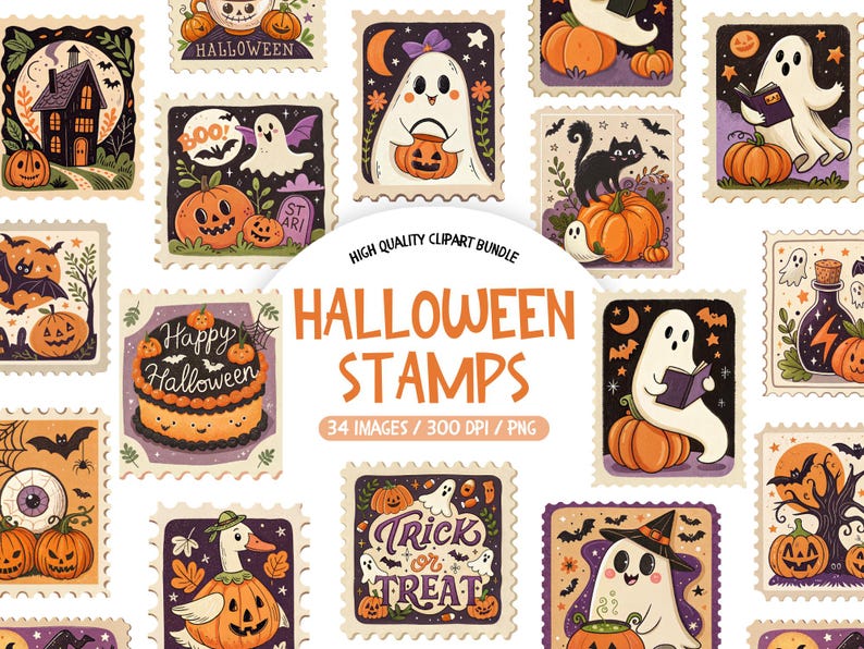 Pu&ograve; includere: Una collezione di francobolli a tema Halloween con illustrazioni di zucche, fantasmi e pipistrelli. I francobolli presentano il testo "Happy Halloween" e "Trick or Treat". I colori sono arancione, viola e nero.
