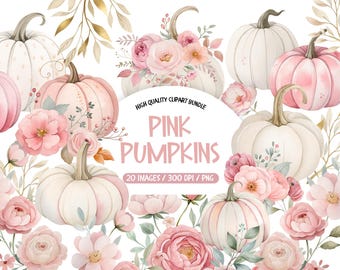 Pink Floral Pumpkin Watercolor Clipart, Coquette Autumn PNG (Digital Download)