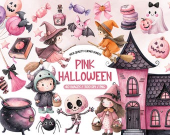 Pink Halloween Clipart, Pink Halloween Ghost Clipart, Cute Ghost Party Clipart, Cute Girly Spooky Clipart, Pastel Halloween Graphics