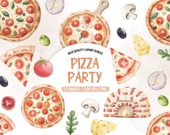 Watercolor Pizza Clipart Set, Italian Food Party (PNG)
