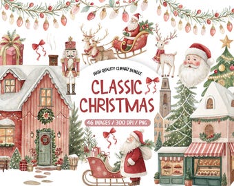 Watercolor Christmas Clipart, Classic Christmas Illustrations, Cute Santa, Reindeer, Nutcracker PNG, Xmas Kawaii Kids PNG, Santa's Village