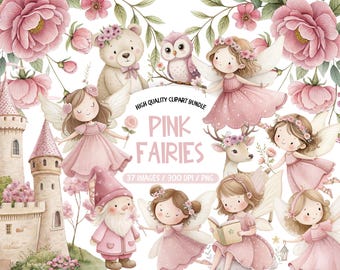 Fairy Garden Clipart: Сute Pink Fairy and Magical Garden PNG Bundle - Digital Download