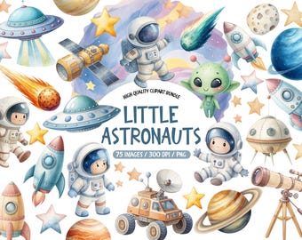 Space Astronauts Clipart Set – Watercolor Planets and Galaxy Graphics (PNG)