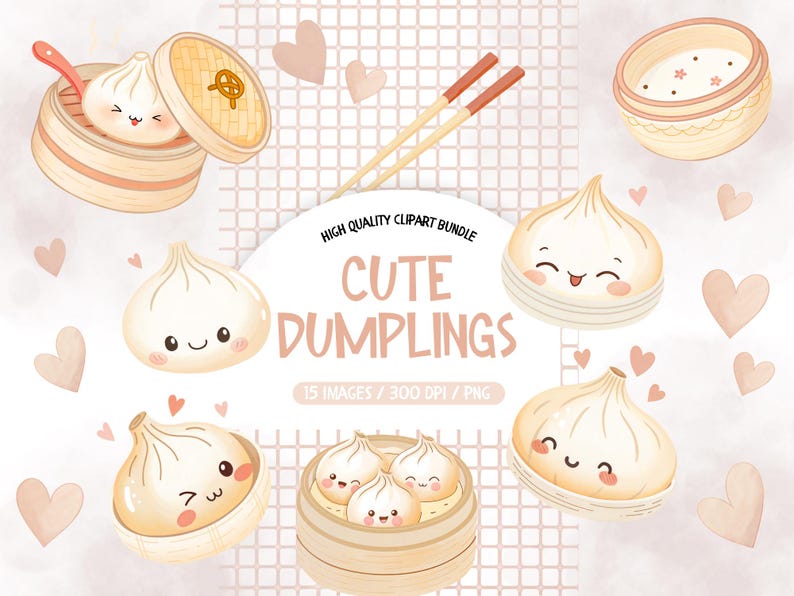 May include: Watercolor illustration of cute dumplings, chopsticks, and bamboo steamers. The image includes the text "Cute Dumplings" and "High Quality Clipart Bundle". Soft pink hearts are scattered around the dumplings.