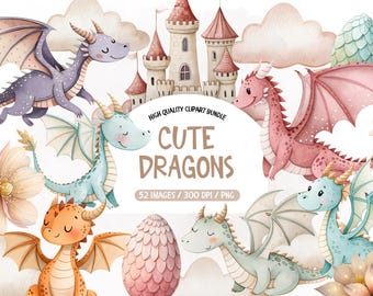 May include: A digital clipart bundle of cute watercolor dragons in various colors, including pink, blue, green, and orange. The dragons are illustrated in a cartoon style with big eyes and friendly expressions. The bundle also includes a castle, eggs, and flowers. The text "HIGH QUALITY CLIPART BUNDLE CUTE DRAGONS 52 IMAGES / 300 DPI / PNG" is displayed on a white background.