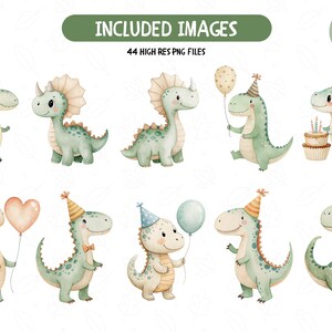 Może przedstawiać: Ilustracje akwarelowe uroczych dinozaur&oacute;w w r&oacute;żnych pozach, niekt&oacute;re w czapeczkach urodzinowych i z balonami. Obraz zawiera tekst "INCLUDED IMAGES" i "44 HIGH RES PNG FILES". W zestawie r&oacute;wnież rozpryski akwareli.