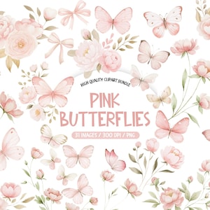 Può includere: Un pacchetto di clipart digitali con farfalle rosa ed elementi floreali. L'immagine include vari disegni di farfalle, fiori e fiocchi in tonalità rosa e bianche. Il testo recita "PINK BUTTERFLIES" e "31 IMAGES / 300 DPI / PNG".