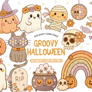 Groovy Halloween Clipart, Halloween Illustrations Bundle, Retro Hippie PNG, Cute Ghost PNG Bundle, Commercial Use Watercolor Spooky Fall PNG