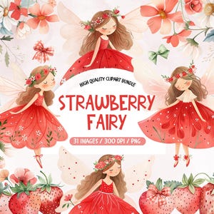 Aquarelle fraise fée des cliparts, jardin féerique des cliparts aquarelle, mignon fraise bébé fille Clipart, clipart fraise mignon