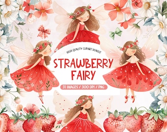 Watercolor Strawberry Fairy Clipart, Baby Girl Art (Digital Download)