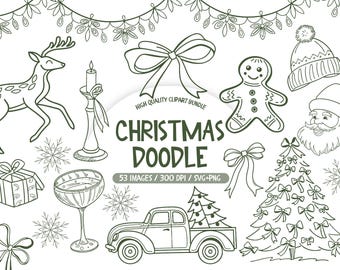 Hand Drawn Christmas Doodles Clipart, Winter Holiday PNG Set
