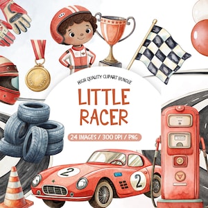 Race Car Clipart, Watercolor Little Racer Clipart, Red Racing Cars PNG Bundle, Vintage Sports Car PNG, Fast One Birthday Clipart