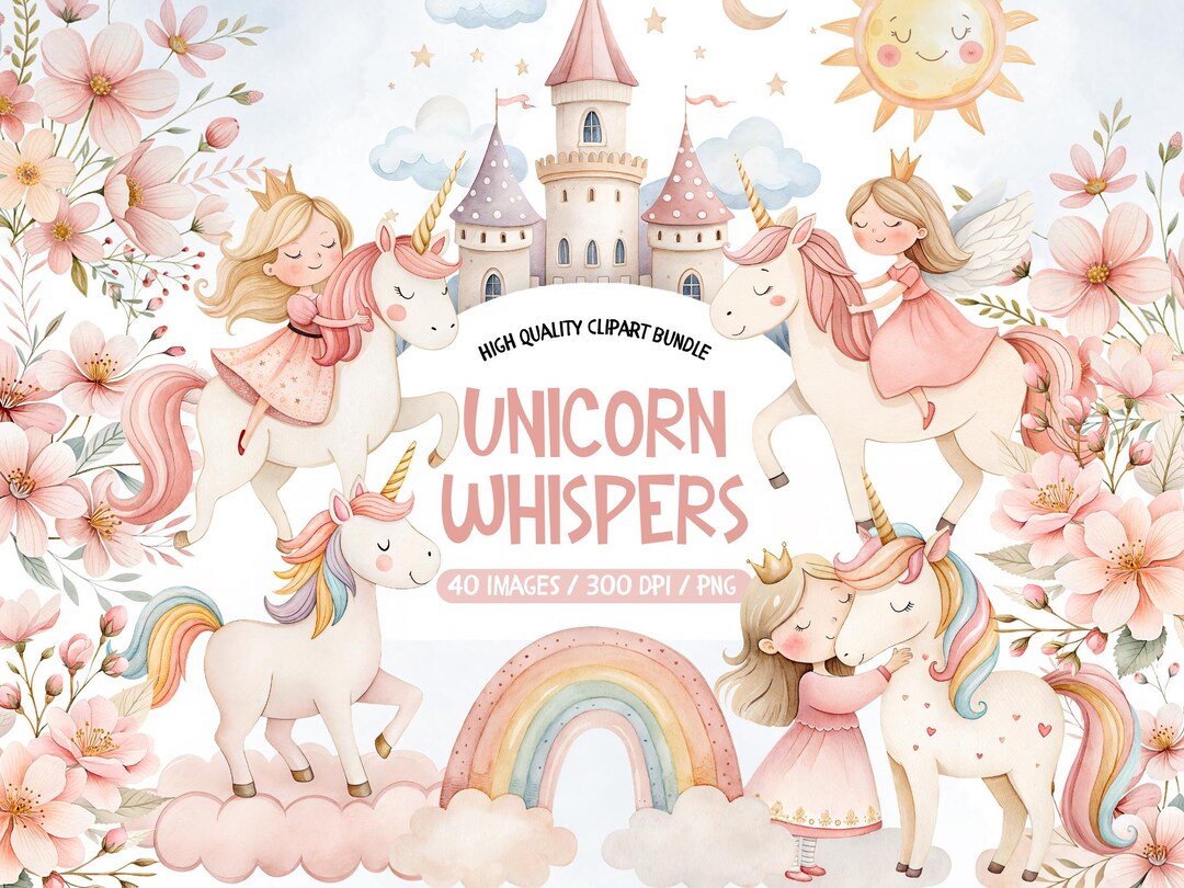 Cute Unicorn Clipart: Watercolor Unicorn and Princess PNG, Magical ...