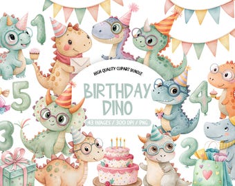 Watercolor Dinosaur Clipart Bundle, Baby Dino Birthday (PNG)