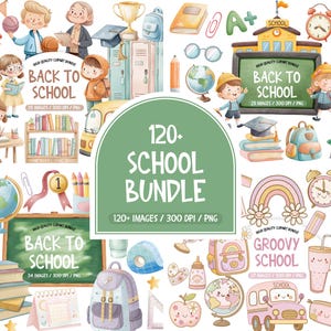 School Clipart Bundle, Groovy School Clipart Bundle, Retro Back to School Supplies Clip Art, Teacher Graphics PNG, Kawaii Printable Clipart