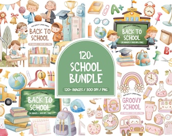School clipartbundel, Groovy School clipartbundel, retro terug naar schoolbenodigdheden illustraties, leraar graphics png, kawaii afdrukbare clipart