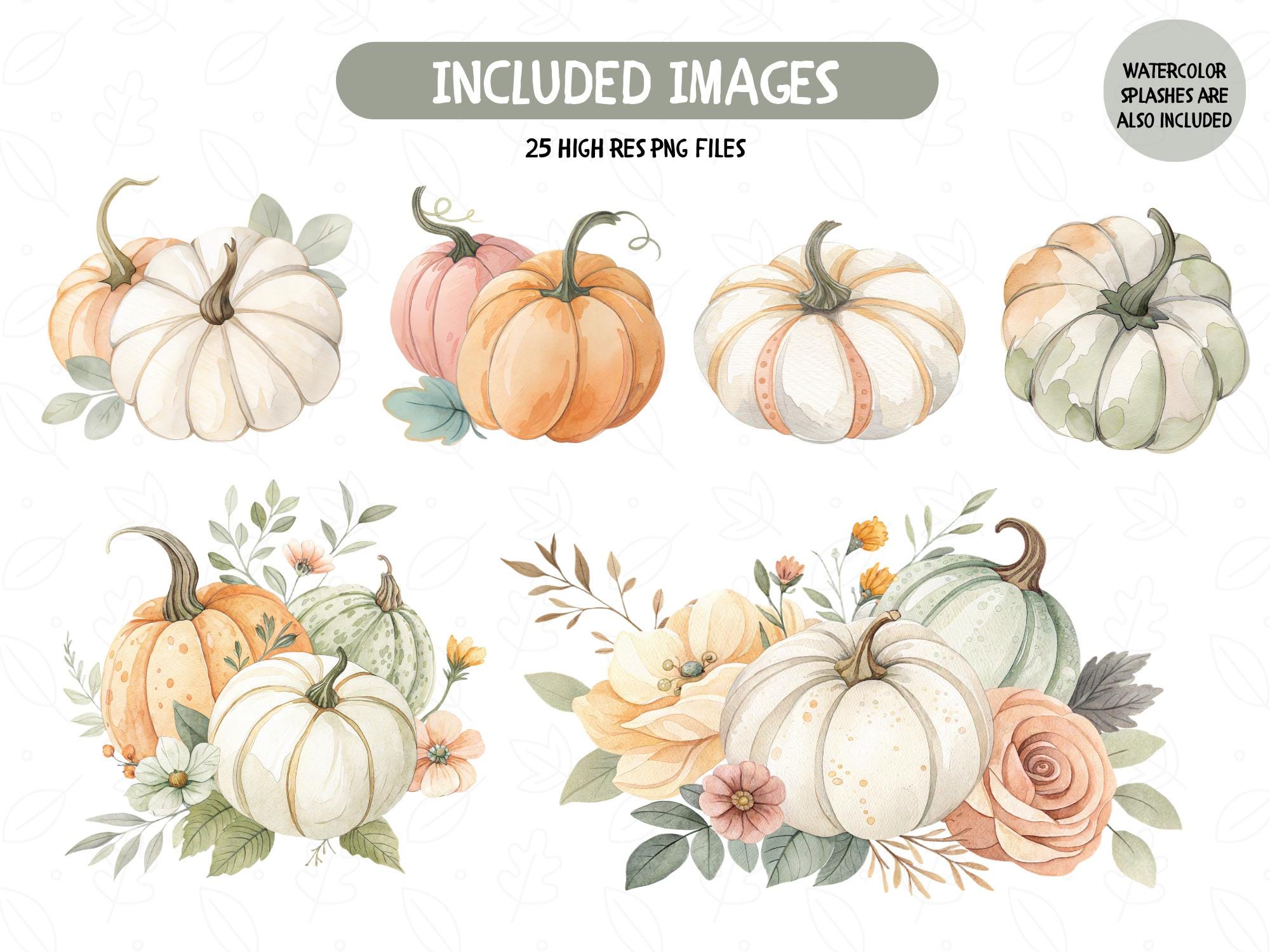 Watercolor Floral Pumpkin Clipart, Autumn PNG Set (digital Download) - Etsy