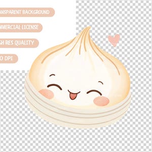 May include: A cute, cartoon-style dumpling with a smiling face, rosy cheeks, and a small pink heart. The dumpling is light beige with a textured surface and is wrapped in a white, striped wrapper. Text on the left reads: "TRANSPARENT BACKGROUND", "COMMERCIAL LICENSE", "HIGH RES QUALITY", "300 DPI".