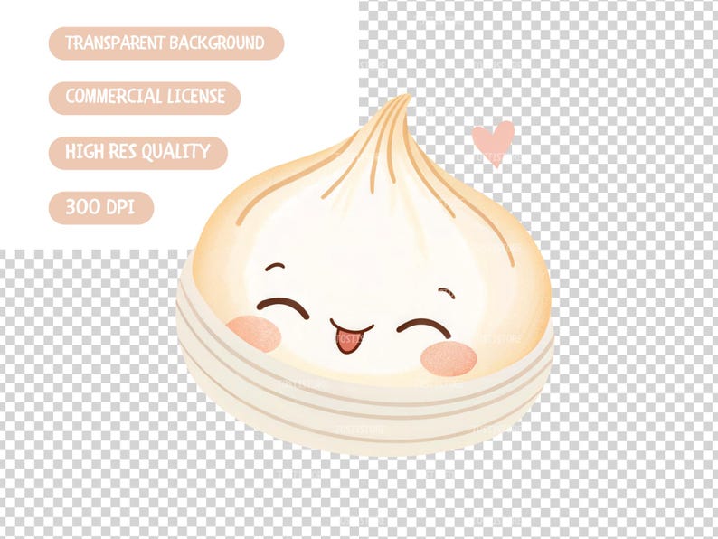 May include: A cute, cartoon-style dumpling with a smiling face, rosy cheeks, and a small pink heart. The dumpling is light beige with a textured surface and is wrapped in a white, striped wrapper. Text on the left reads: "TRANSPARENT BACKGROUND", "COMMERCIAL LICENSE", "HIGH RES QUALITY", "300 DPI".
