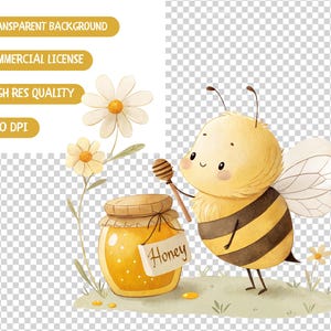 May include: A cute cartoon bee with a yellow and black striped body holds a wooden honey dipper and stands next to a jar of honey labeled "Honey". The bee is surrounded by white and yellow flowers.