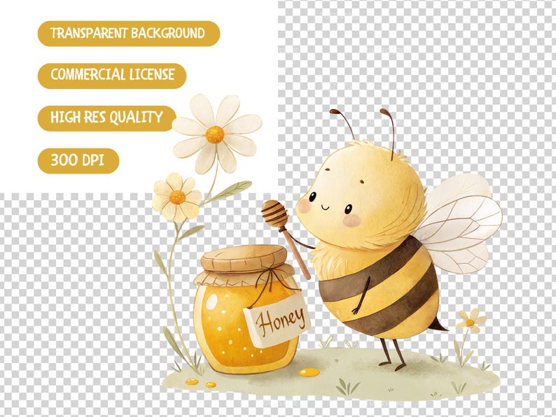 May include: A cute cartoon bee with a yellow and black striped body holds a wooden honey dipper and stands next to a jar of honey labeled "Honey". The bee is surrounded by white and yellow flowers.