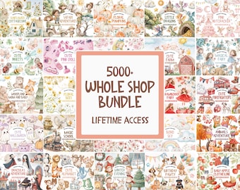 Op de afbeelding: Een verzameling aquarel illustraties met verschillende thema's, waaronder zonnebloemen, safari-avonturen en schattige insecten. De afbeelding bevat de tekst "5000+ WHOLE SHOP BUNDLE LIFETIME ACCESS."