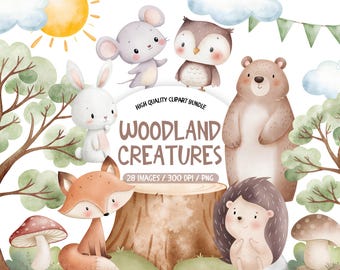 Woodland Animals Clipart, Watercolor Forest Animals PNG Bundle, Forest Baby Animals, Cute Nursery Clipart, Woodland Babies Clipart