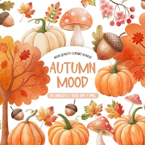 Könnte beinhalten: Aquarell-Illustration eines Herbst-Themen-Cliparts-Bundles. Das Bild zeigt Kürbisse, Pilze, Eicheln und Herbstblätter in Orange-, Rot- und Brauntönen. Der Text lautet "Autumn Mood".
