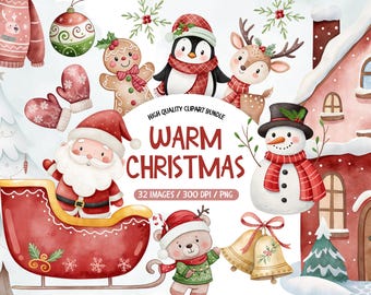 Watercolor Christmas Clipart, Cute Christmas Characters Clipart, Santa, Reindeer, Snowman PNG, Xmas Illustrations, Kawaii Kids Christmas PNG
