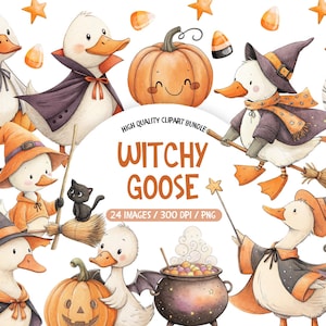 Witchy Goose Parade Clipart, Cute Halloween Clipart, Cute Goose Costume PNG Bundle, Halloween Illustrations Bundle, Commercial Use PNG