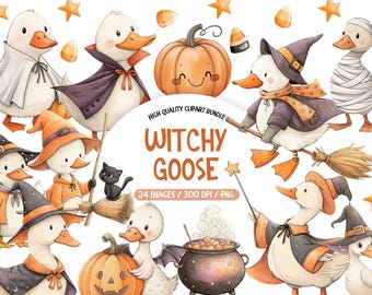 Witchy Goose Parade Clipart, Cute Halloween Clipart, Cute Goose Costume PNG Bundle, Halloween Illustrations Bundle, Commercial Use PNG