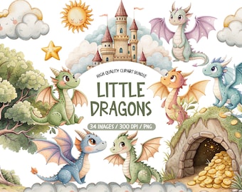 May include: Watercolor clipart bundle featuring adorable dragons in various colors, a castle, clouds, a sun, and a star. The text "Little Dragons" is displayed with the number of images and resolution. Perfect for children's designs and crafts.