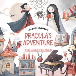 May include: A digital clipart bundle titled "Dracula's Adventure" featuring watercolor illustrations of vampires, a castle, a bat, a spider, a piano, and other spooky elements. The text "34 Images / 300 DPI / PNG" is also included.