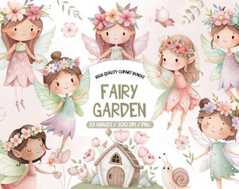 Watercolor Fairy Garden Clipart, Cute Fairies Clipart, Watercolor Fairy Clipart Bundle, Little Fairy Png Bundle,  Whimsical Fairies Clipart