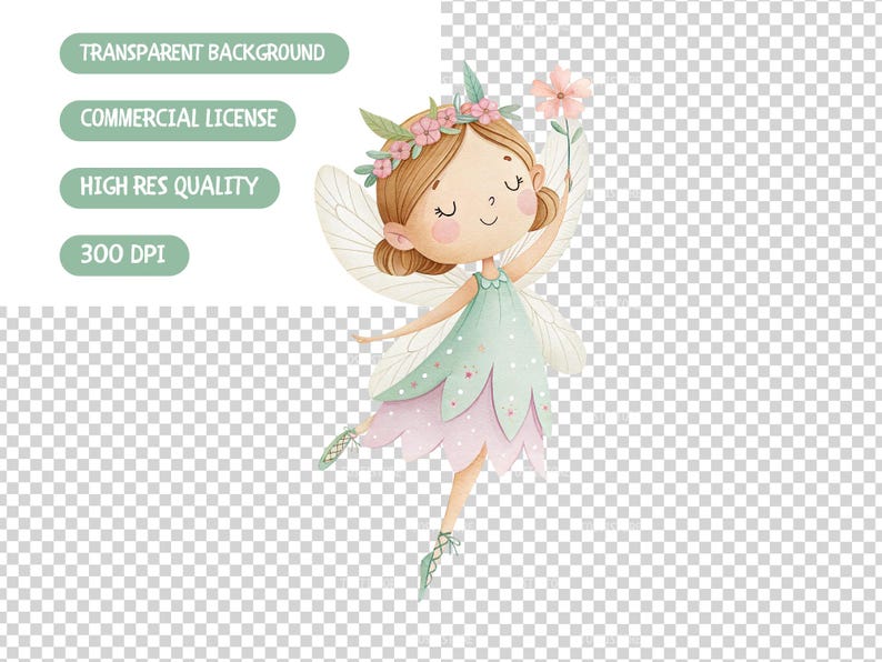 May include: Watercolor illustration of a fairy with a flower. The fairy has brown hair, a flower crown, and wings. She wears a mint green and pink dress. The image includes text that says "Transparent Background", "Commercial License", "High Res Quality", and "300 DPI".