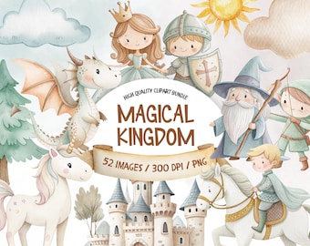 May include: A watercolor clipart bundle featuring a magical kingdom theme. The set includes a princess, a knight, a wizard, a dragon, a unicorn, a castle, a tree, a cloud, a sun, and a bow and arrow. The text "Magical Kingdom" is written in brown on a scroll. The text "52 Images / 300 DPI / PNG" is written in brown below the scroll.