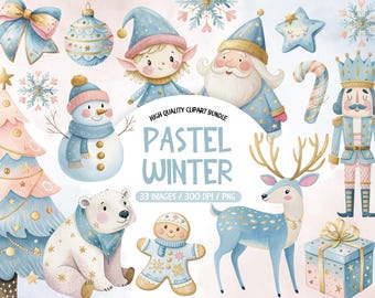Puede incluir: Una colección de ilustraciones prediseñadas con temática de invierno pastel. Incluye un árbol de Navidad, un muñeco de nieve, un oso polar, un hombre de jengibre, un elfo, Papá Noel, un ciervo, adornos, una estrella, un bastón de caramelo, un cascanueces y una caja de regalo. También se incluye el texto "PASTEL WINTER".