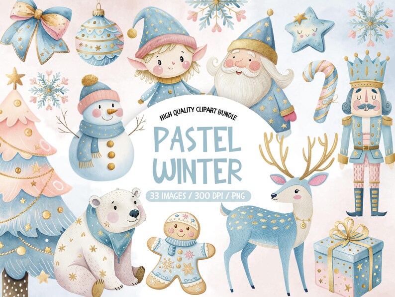 Pastel Christmas Clipart, Winter Holiday Clipart, Watercolor Christmas ...