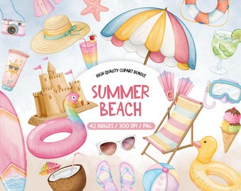 Summer Beach Clipart, Watercolor Summer Clip Art, Summer Watercolor Png, Beach Birthday Clipart, Summer Digital Art, Vacation Watercolor Set