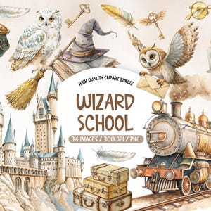 以下が含まれることがあります： 魔法学校をテーマにした水彩イラストのセット。セットには、城、電車、フクロウ、魔女の帽子、ほうき、荷物、ろうそく、鍵が含まれています。テキスト「Wizard School」は、ベージュの背景に茶色の文字で書かれています。